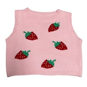 Gyaru Style Pink Strawberry Print Knit Sleeveless Top Size Large